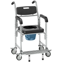 HOMCOM Transport Beside Shower Chair, 3-in-1 Commode Chair with Wheels and Padded Seat, Black(m-11)
