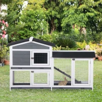 PawHut Hasenstall Kaninchenstall mit Freilaufgehege Rampe Kleintierstall aus Holz mit 2 Etagen Bodenwanne 157,4x53x93,5cm Grau(m-10)