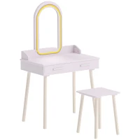AIYAPLAY Conjunto Tocador Infantil com Banquinho, Espelho em Acrílico, LED 3 Cores, 2 Gavetas, 3-8 Anos, Rosa(m-1)