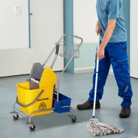 HOMCOM Reinigungswagen, Moppwagen, 25 L Fassungsvermögen, 4 Räder, Kunststoff, Gelb(m-2)