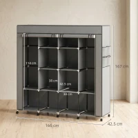 HOMCOM Dulap Textil Portabil in Material Nețesut și Oțel, cu Roți, 10 Compartimente și 2 Bare pentru Umerașe, Gri Închis(m-3)