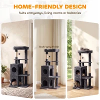 PawHut Arbre à Chat 4 Niveaux 132 cm, Niche, Lit, Plateforme, Poteaux à Griffer en Sisal, Jouets Suspendus, Gris Foncé(m-9)