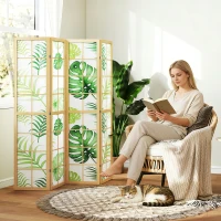 HOMCOM 4-teiliger Raumtrenner, faltbar, Boho-Design, tropisches Motiv, freistehender Raumteiler, Holzrahmen, Grün(m-9)