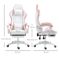 Vinsetto Sedia da Gaming con Altezza Regolabile e Schienale Reclinabile, 65x65x121-129 cm, Bianco e Rosa(m-3)