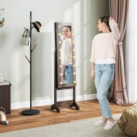 HOMCOM Dulap pentru bijuterii, dulap de depozitare pe picior, cutie pentru bijuterii cu oglindă, multiple spații de depozitare, iluminare LED, maro închis(m-7)