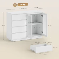 HOMCOM Buffetschrank, Sideboard mit 4 Schubladen, 2 Glastüren, modernes Design, MDF, Weiß(m-3)