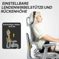 HOMCOM Bürostuhl, Ergonomischer Schreibtischstuhl mit Netzstoffbezug, verstellbar, rollbar, mit Armlehnen, Kopfstütze, Grau(m-8)
