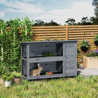 PawHut Rabbit Hutch Outdoor Guinea Pig Hutch Bunny Cage with No-Leak Trays, Divider, 136 x 50 x 93cm, Grey(m-10)