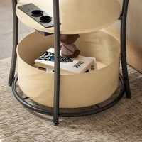 HOMCOM Beistelltisch 3-stufiger Couchtisch mit Ladestation, Stoff-Aufbewahrungstasche, Ablage, 50x50x55,1 cm Naturholz(m-9)