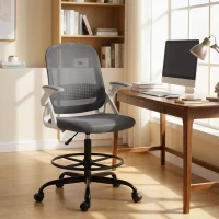HOMCOM Silla de Escritorio de Malla Silla de Dibujo con Reposabrazos Abatibles Altura Ajustable Reposapiés Gris(m-10)