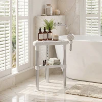 HOMCOM Shower Stool, Aluminium Alloy Corner Shower Chair with Storage Shelf and HDPE Seat, Adjustable Height, White(m-14)