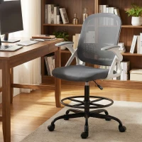 HOMCOM Silla de Escritorio de Malla Silla de Dibujo con Reposabrazos Abatibles Altura Ajustable Reposapiés Gris(m-9)