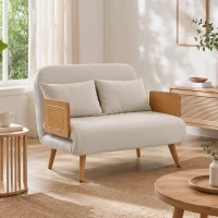 HOMCOM Canapé Convertible 2 Places, Canapé-Lit 3 en 1 Chenille 103cm, Dossier Réglable, 2 Oreillers, Accoudoirs en Bois, Crème(m-17)