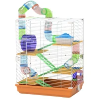 PawHut Gabbia per Criceti a 5 Livelli con Tubi, Ruota, Scale, Casetta e Bottiglia, 46x30x58 cm, Arancione(m-11)