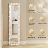HOMCOM Ganzkörperspiegel 150x40 cm LED Spiegel mit 24 Glühbirnen 3 Lichtfarbe, freistehend oder anlehnbar Weiß(m-7)