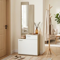 HOMCOM Recibidor de Entrada con Espejo Zapatero Abatible Asiento Cajón Mesa Pequeña 61x30x170 cm Blanco(m-9)