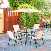 Outsunny Conjunto de Muebles de Jardín con 4 Sillas Plegables Mesa de Vidrio y Sombrilla Inclinable 80x80x70 cm Beige(m-10)