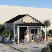 PawHut Cuccia per Cani da Esterno con Terrazza, Finestra e Tetto Impermeabile, 124x112x105cm, Grigio(m-10)