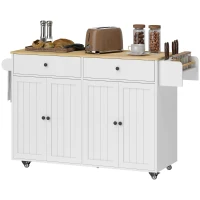 HOMCOM Rollbare Kücheninsel, 2 Schubladen, 2 Schränke, verschiebbar, Gewürzregal, Handtuchhalter, Messerhalter, MDF, Weiß(m-11)