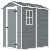 Outsunny Gartenschuppen, Kunststoff-Gartenhaus mit Boden, Fenster, verschließbare Türen, für Garten, 131B x 186T x 198H cm, Grau(m-11)