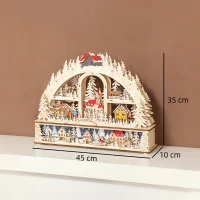 HOMCOM Weihnachtsdorf mit LED-Leuchtung, 45 cm Weihnachtsstadt mit Schneemann, Renntier und Bäume Naturholz(m-3)