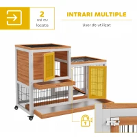 PawHut Cușcă pentru Iepuri din Lemn de Brad cu Roți, Tăvi Detașabile și Căsuță cu Rampă, 110x50x88 cm, Gri și Alb(m-5)