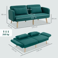 HOMCOM Schlafsofa, 3-Sitzer-Sofa mit Bettfunktion, 2 Kissen, Polstersofa mit verstellbarer Rückenlehne, Leinenoptik, Grün(m-3)