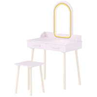 AIYAPLAY Conjunto Tocador Infantil com Banquinho, Espelho em Acrílico, LED 3 Cores, 2 Gavetas, 3-8 Anos, Rosa(m-6)