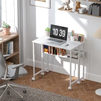 HOMCOM Escritorio Plegable con Ruedas Balda y Bolsillo de Almacenaje Ideal para Espacios Pequeños 80x50x75 cm Blanco(m-10)