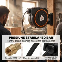 HOMCOM Tambur Automat Retractabil pentru Furtun 20 m, Montare pe Perete, Pivotant 180°, Negru și Portocaliu(m-4)