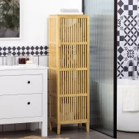 HOMCOM Dulap de Baie Subțire din Bambus, Dulăpior Economisire Spațiu cu 4 Rafturi și Ușă cu Lamele, Natural(m-2)