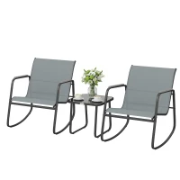 Outsunny Conjunto de Jardín de 3 Piezas con 2 Sillas Mecedoras Mesa con Encimera de Vidrio y Estructura de Acero para Patio Gris(m-11)