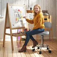 HOMCOM Rollhocker, Drehbarer und verstellbarer Hocker mit Rückenlehne, Kunstlederbezug, Fußstütze, für Frisiertische, Grau(m-2)