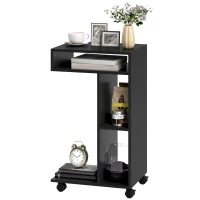 HOMCOM Beistelltisch, C-förmiger Servierwagen, 4 Rollen, 3 Fächer, 40 x 30 x 69 cm, Schwarz(m-11)