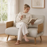 HOMCOM Canapé Convertible 2 Places, Canapé-Lit 3 en 1 Chenille 103cm, Dossier Réglable, 2 Oreillers, Accoudoirs en Bois, Crème(m-10)