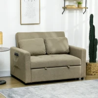 HOMCOM Loveseat Sofa Bed, Convertible Bed Settee with 2 Cushions, Side Pockets for Living Room, Light Brown(m-2)