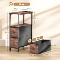 HOMCOM Couchtisch Beistelltisch mit Ladestation, Stahlrahmen, 2 Stoffschublade, offen Fach, 20cm x 40cm x 63cm, Rustikal-Braun(m-3)