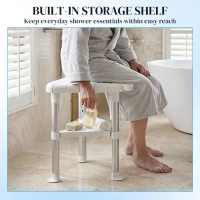 HOMCOM Shower Stool, Aluminium Alloy Corner Shower Chair with Storage Shelf and HDPE Seat, Adjustable Height, White(m-5)