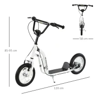 HOMCOM Patinete para Niños Mayores de 5 Años Scooter 2 Neumáticos Inflables de Caucho con Frenos Manillar Ajustable Pedal Antideslizante 120x58x85-95 cm Blanco(m-3)