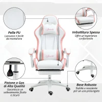 Vinsetto Sedia da Gaming con Altezza Regolabile e Schienale Reclinabile, 65x65x121-129 cm, Bianco e Rosa(m-7)