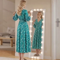 HOMCOM Ganzkörperspiegel 150x40 cm LED Spiegel mit 24 Glühbirnen 3 Lichtfarbe, freistehend oder anlehnbar Weiß(m-9)