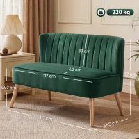 HOMCOM Sofa Retrodesign 2-Sitzer-Sofa, Holzbeine, 117 cm x 56,5 cm x 77 cm, Dunkelgrün(m-3)