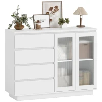 HOMCOM Buffetschrank, Sideboard mit 4 Schubladen, 2 Glastüren, modernes Design, MDF, Weiß(m-12)