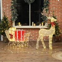 Outsunny Beleuchtetes Weihnachtsrentier mit Schlitten, warmweiße LEDs, Stahlrahmen, wasserfest, Goldfarben(m-10)