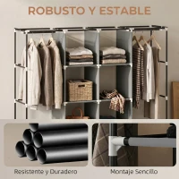 HOMCOM Armario de Tela Portátil con Ruedas 10 Compartimentos 2 Barras para Colgar Estructura de Acero Gris Oscuro(m-7)