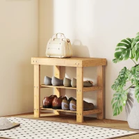 HOMCOM Schuhbank aus Bambus, Schuhregal mit 2 Ablagen, Sitzfläche, für Flur, Eingangsbereich, 50x28x45cm, Natur(m-10)