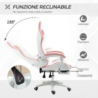 Vinsetto Sedia da Gaming con Altezza Regolabile e Schienale Reclinabile, 65x65x121-129 cm, Bianco e Rosa(m-5)