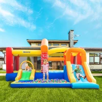 Outsunny Kids Bouncy Castle with Double Slides Pool Trampoline Climbing Wall w/ Blower(m-25)