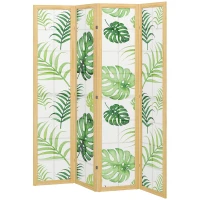 HOMCOM 4-teiliger Raumtrenner, faltbar, Boho-Design, tropisches Motiv, freistehender Raumteiler, Holzrahmen, Grün(m-11)