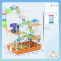 PawHut Gabbia per Criceti a 5 Livelli con Tubi, Ruota, Scale, Casetta e Bottiglia, 46x30x58 cm, Arancione(m-3)